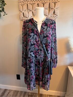 LOFT NWT Navy Long Sleeve Floral Tiered Dress